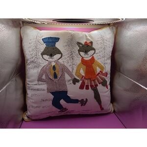 World Market Embroidered‎ Decorative Pillow Ice Skating Foxes